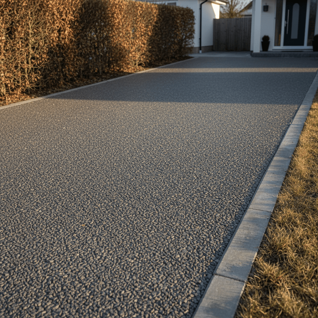 Freshly installed resin driveway on a residential property in Sussex, showing smooth aggregate surface and concrete edge restraint in winter sunlight.