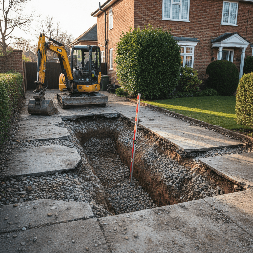 Wide shot of a driveway excavation showing deep compacted stone sub-base layers with mini excavator and survey staff in residential garden context.