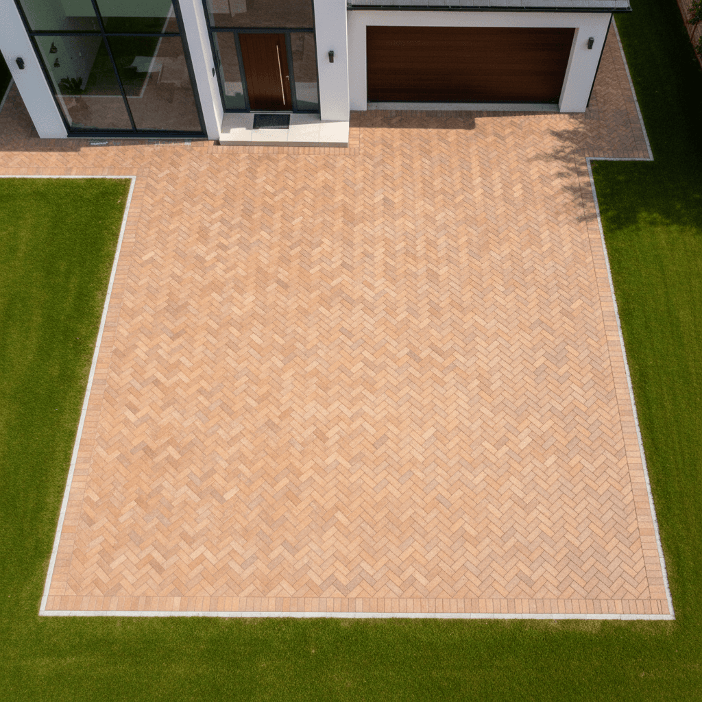 Block paving driveway herringbone pattern overhead view