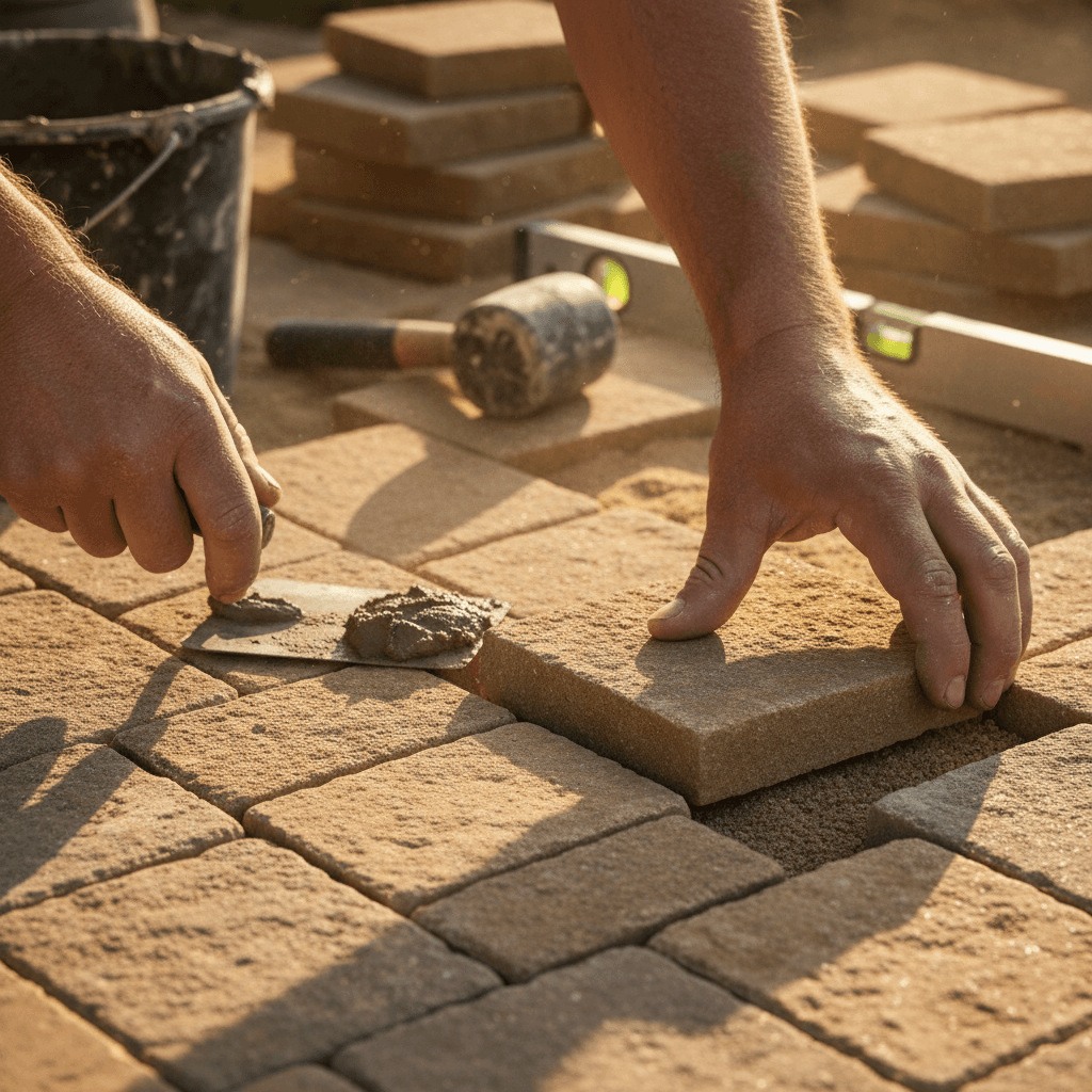 Hands aligning a block paver on a prepared sand bed