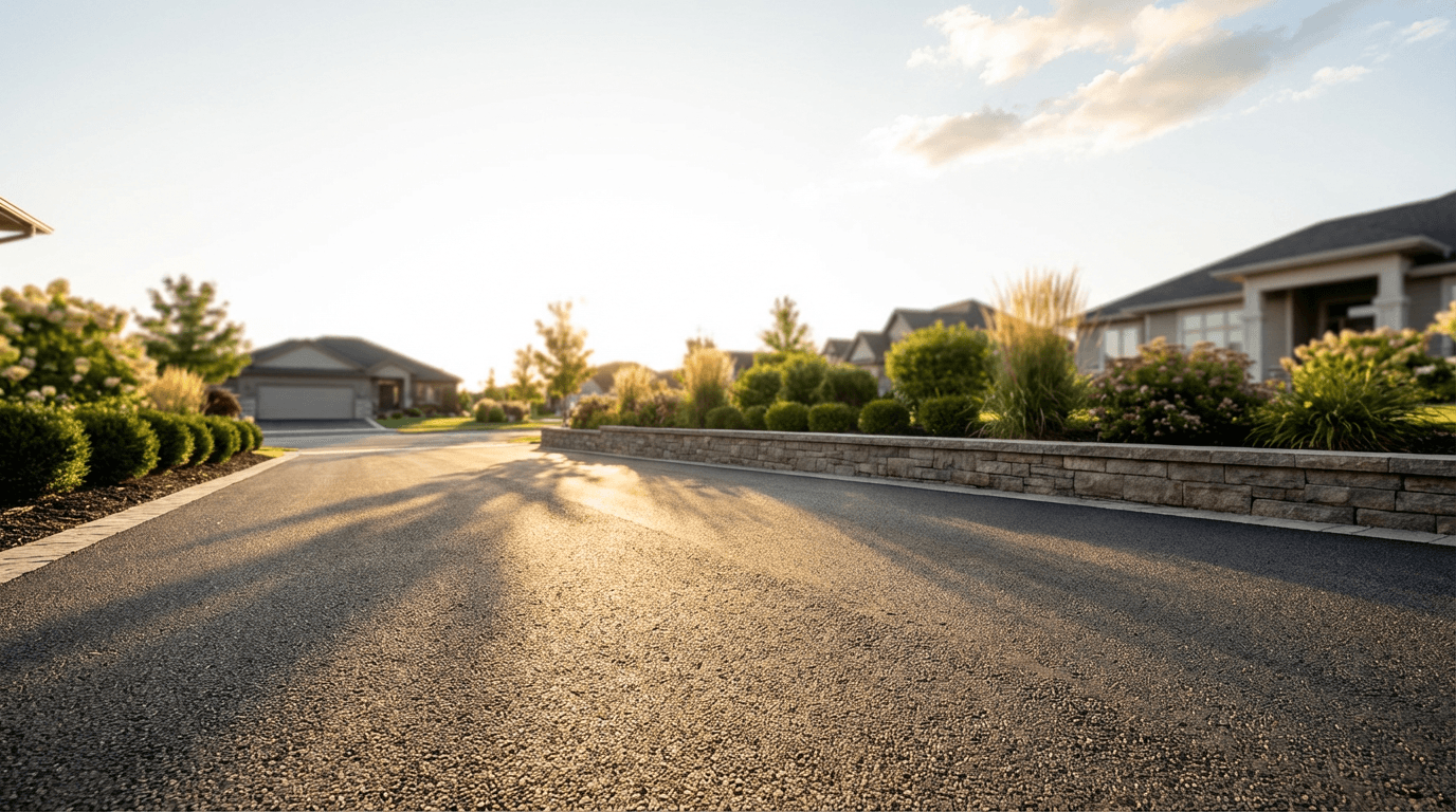 New resin driveway at golden hour, leading to a modern home in the Sussex countryside