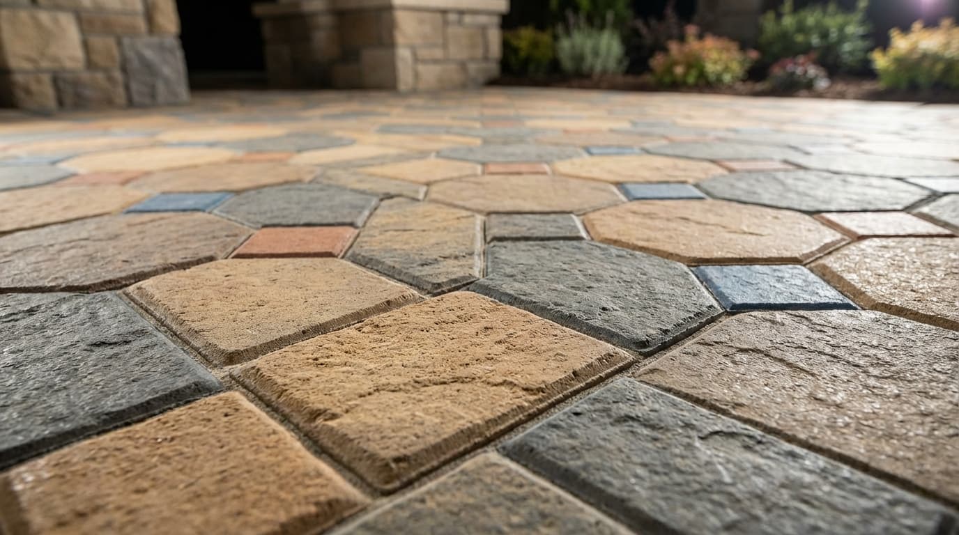 Close-up of porcelain terrace jointing in Hove, late afternoon light on textured stone