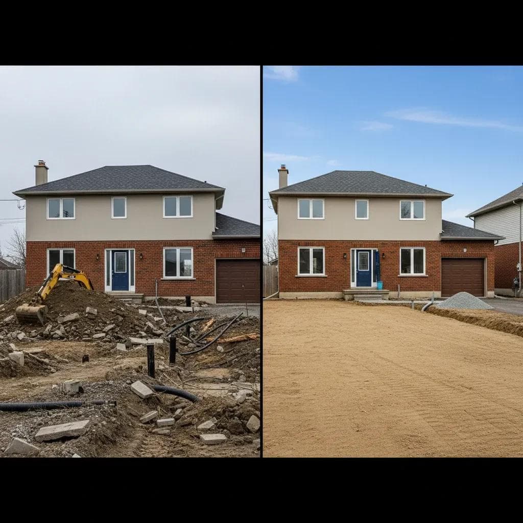 Before and after comparison of a front yard transforming from construction debris to leveled soil.
