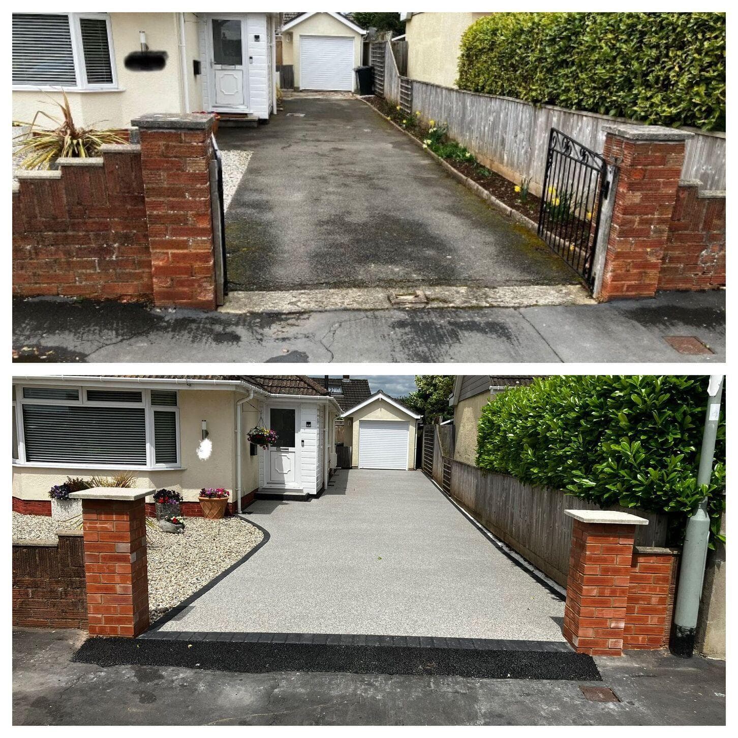 Before and after comparison of a residential driveway renovated with new light grey resin surfacing.
