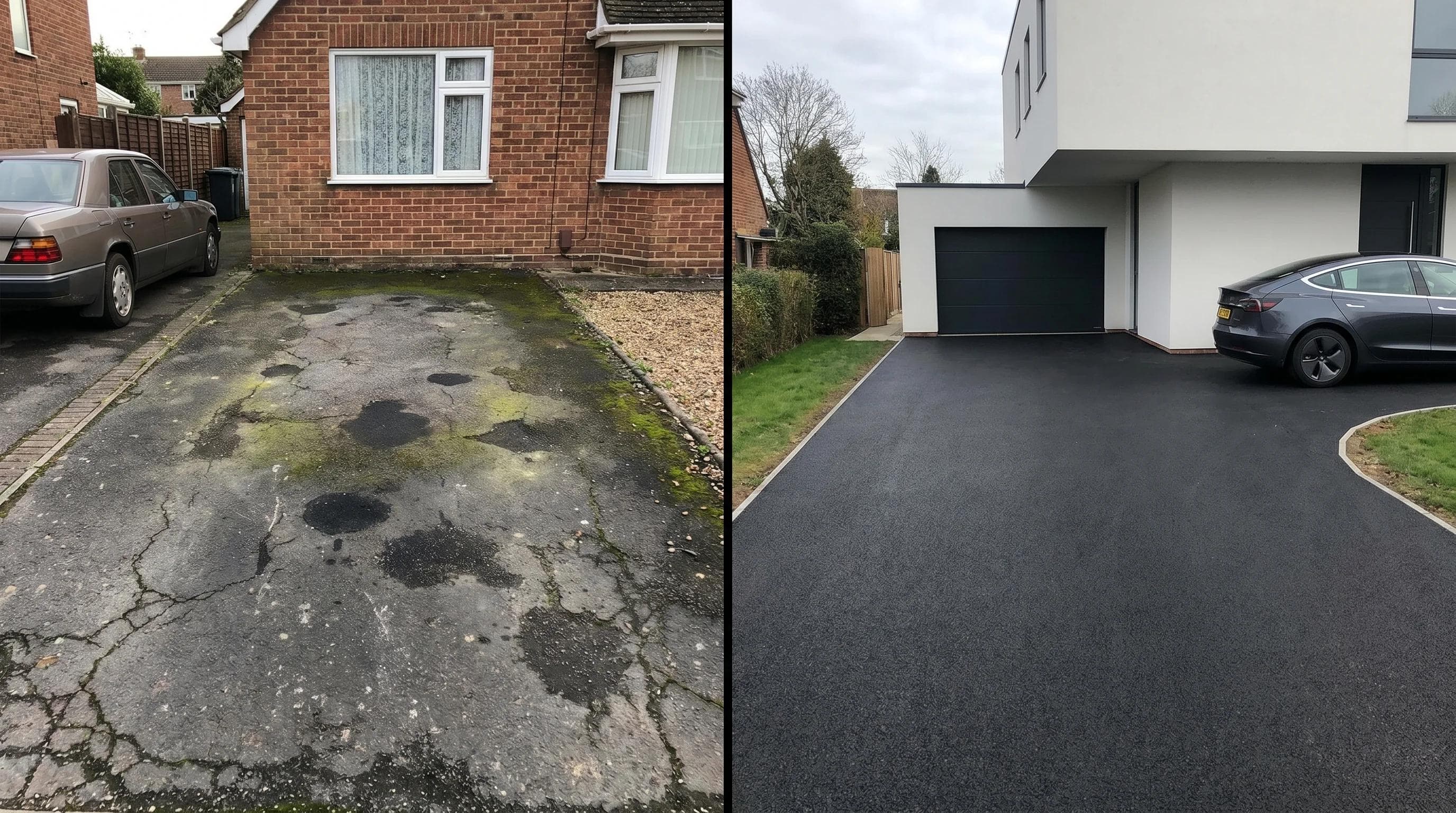 Side-by-side comparison of a cracked, mossy driveway and a newly paved, smooth black asphalt surface.