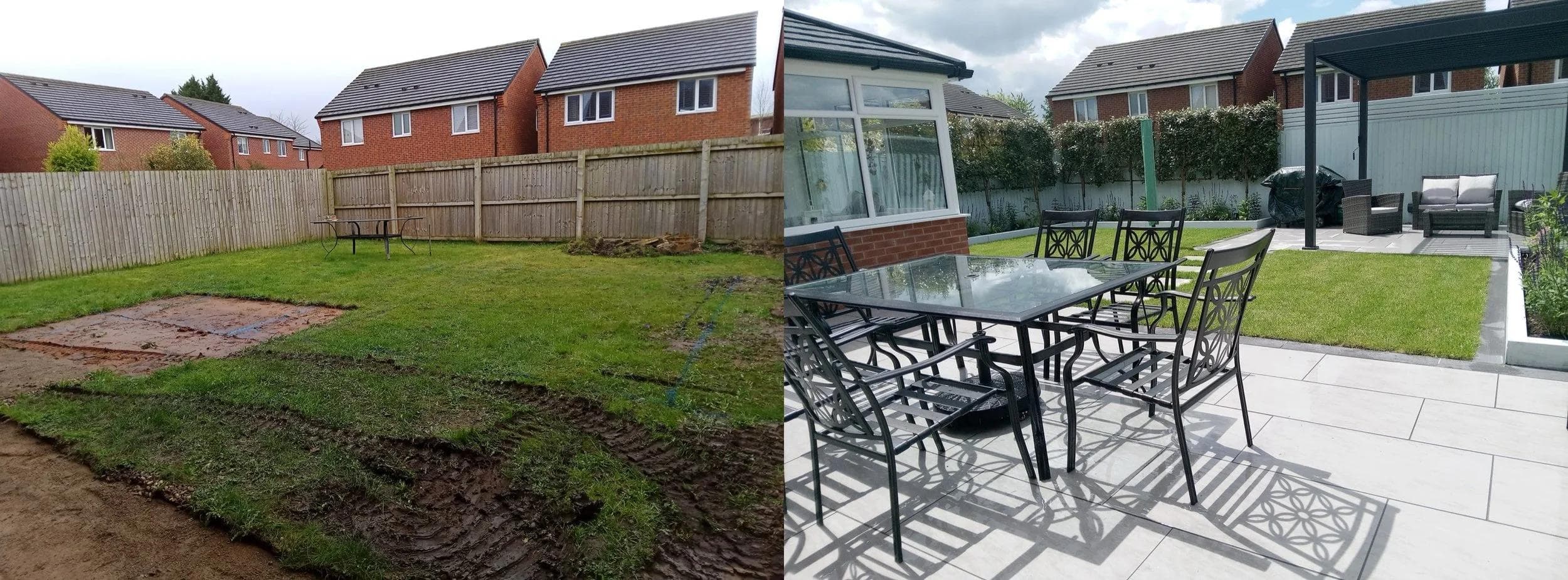 Before and after transformation of a muddy backyard into a modern patio with outdoor furniture.