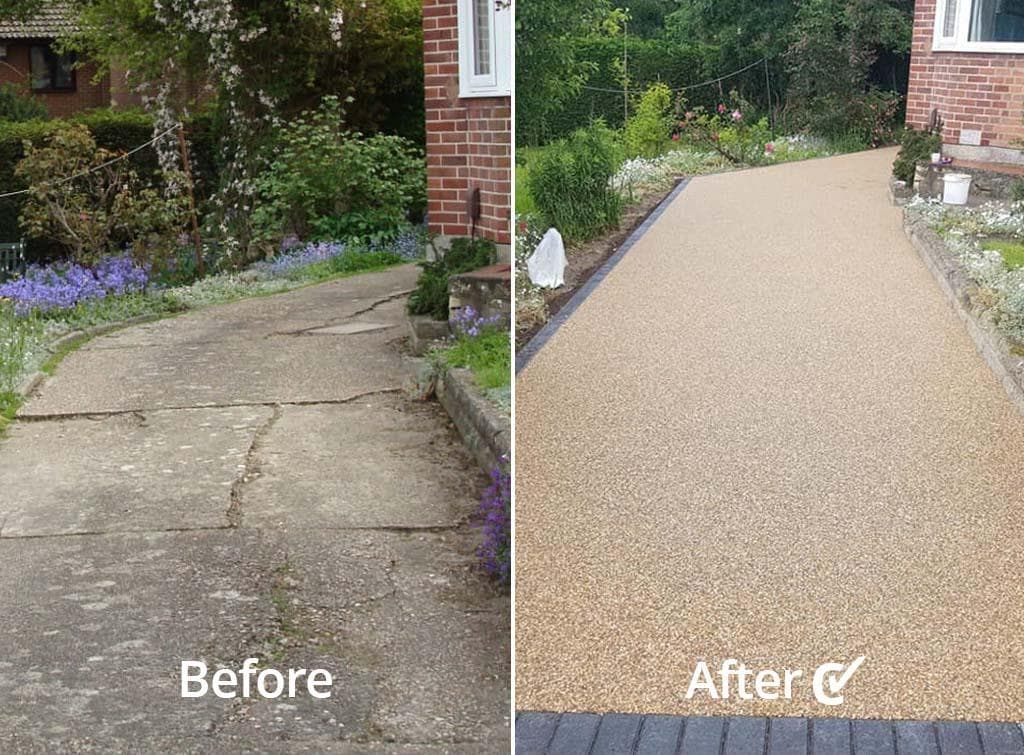 Before and after comparison of a cracked concrete driveway replaced with smooth resin-bound gravel.