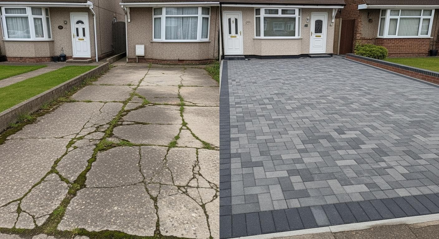 Before and after comparison of a cracked concrete driveway replaced with grey block paving.