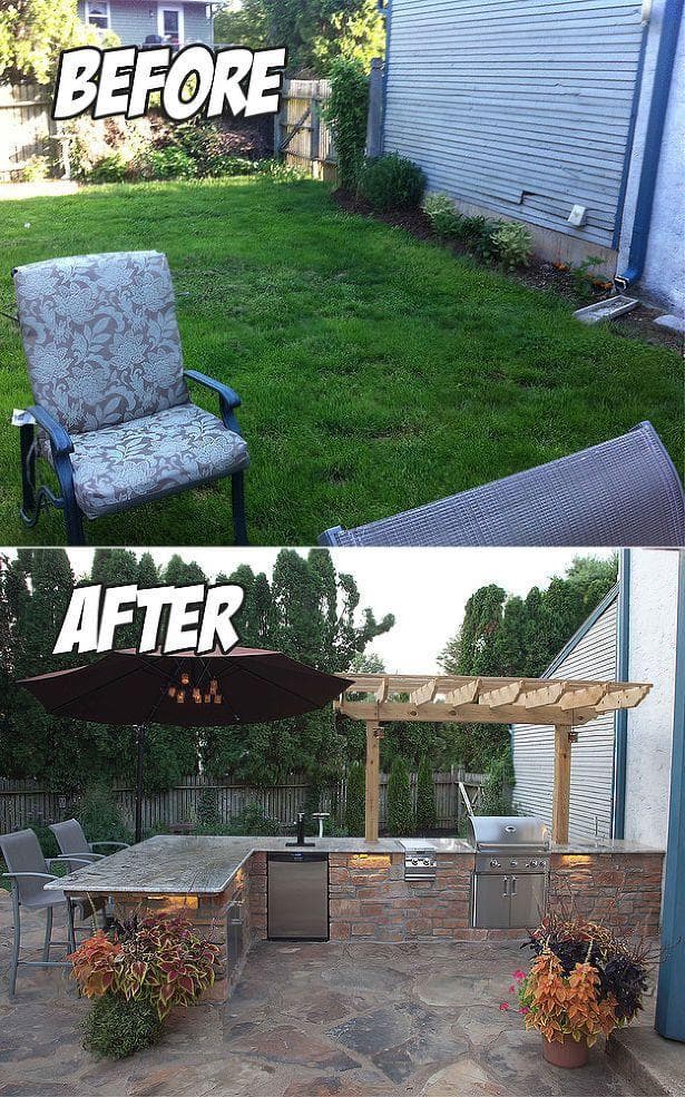 Before and after comparison of a grassy backyard renovated into a stone outdoor kitchen.